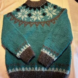 Vintage HandKnit Icelandic Style Sweater Unisex Teal Green Fair Isle Nordic Wool